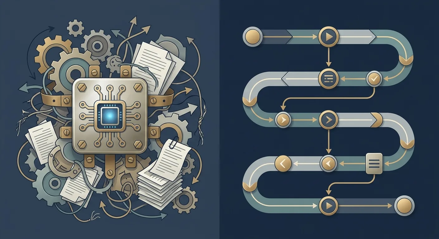 A split workspace showing two desks: one with an AI tool bolted onto a cluttered legacy workflow, the other with a cleaner redesigned process, illustrating the gap between layering AI on old work versus rebuilding the work itself.
