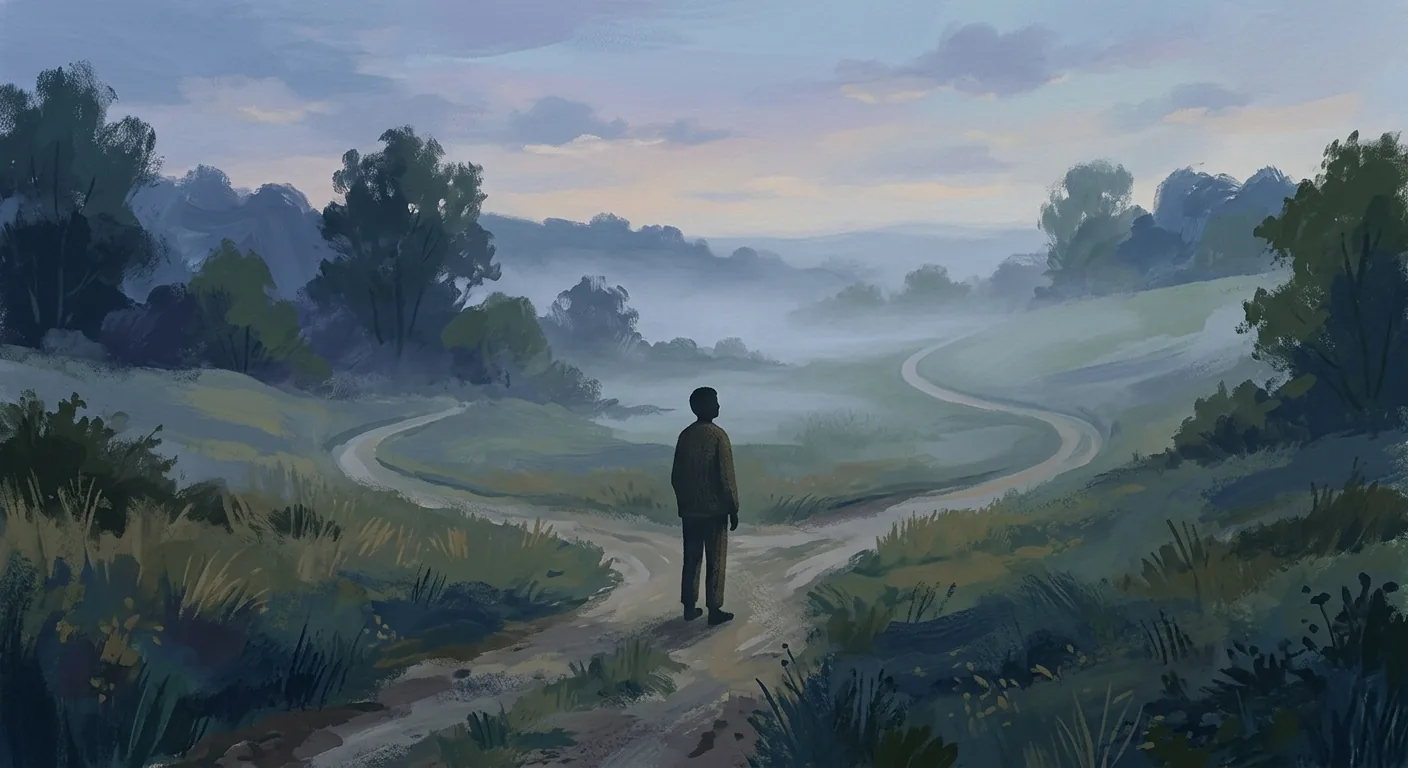 A person standing at a quiet fork in a path at dusk, looking toward two faint routes ahead, in soft muted blues and greens.