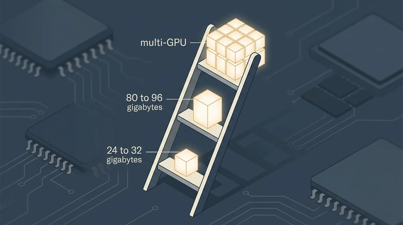 A three-rung ladder diagram labeled with GPU VRAM tiers, 24 to 32 gigabytes at the bottom, 80 to 96 gigabytes in the middle, multi-GPU cluster at the top, each rung holding a differently sized open-weight model block.