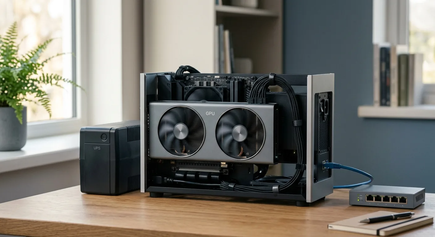 A home and small-team AI server rack with a single GPU, a UPS unit, and a network switch, illustrating the physical operations layers behind running a self-hosted LLM in production.