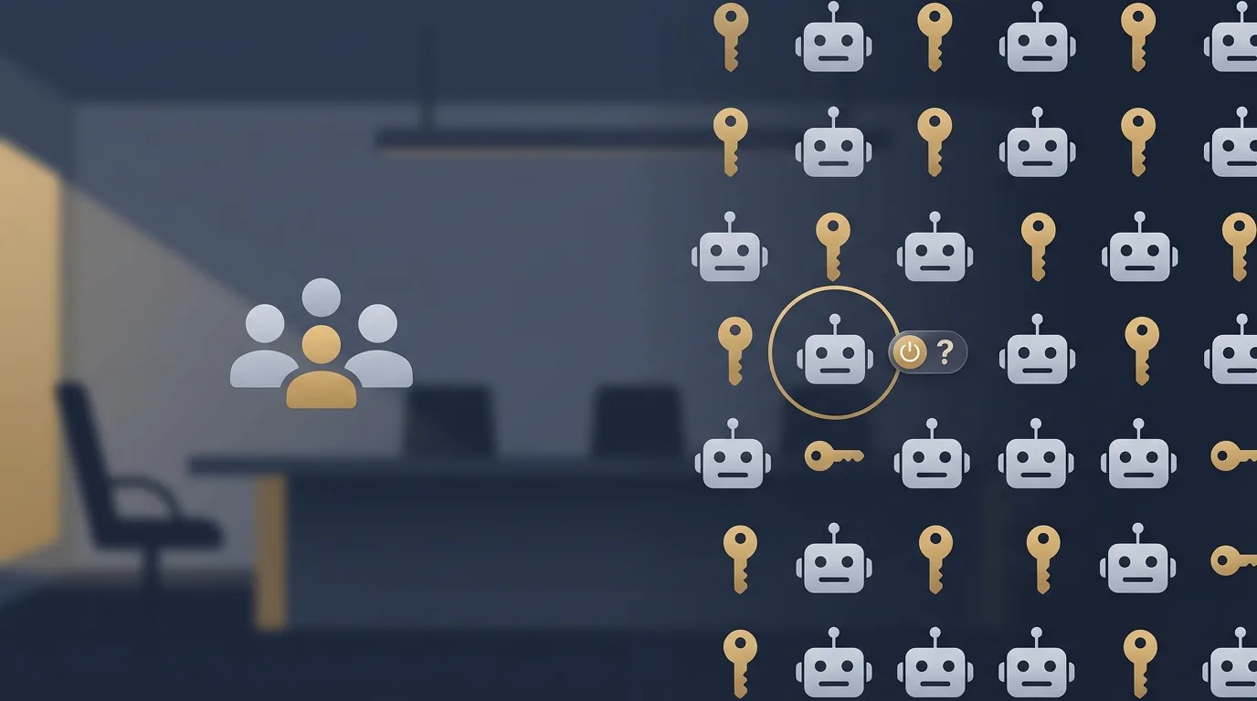 A boardroom whiteboard showing a small cluster of human-shaped icons beside a much larger swarm of robot and key-shaped icons, with one robot icon circled and a question mark over a power switch.