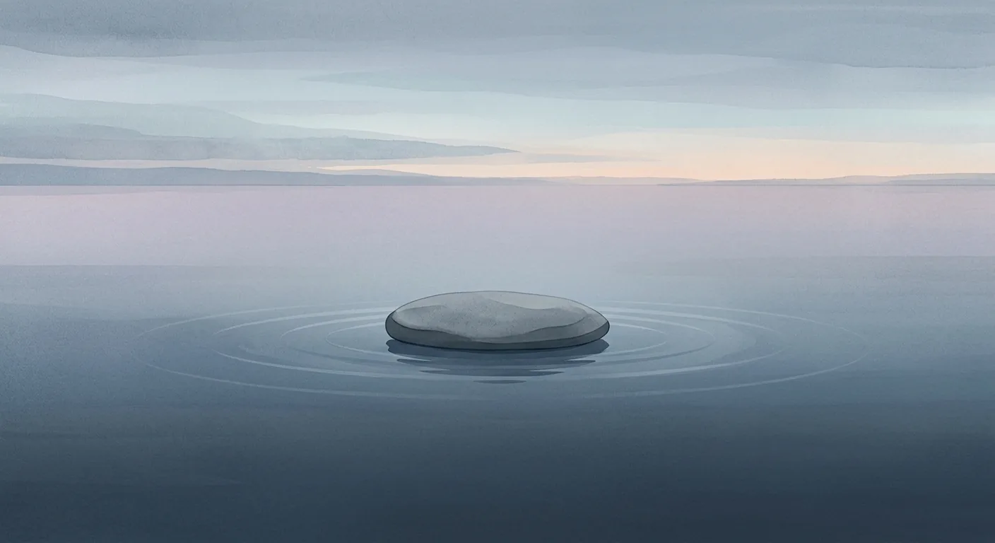 A single smooth stone resting level on the surface of still water at dawn, with faint ripples spreading out and settling, in a calm muted blue and grey palette.