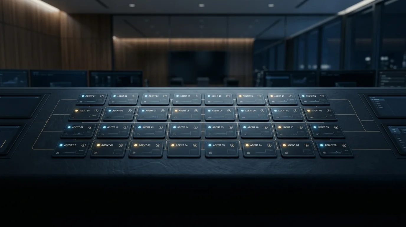A calm executive dashboard on a dark screen showing a fleet of AI agent icons, each with a small status light and a visible stop control, representing enterprise AI agent governance and visibility.