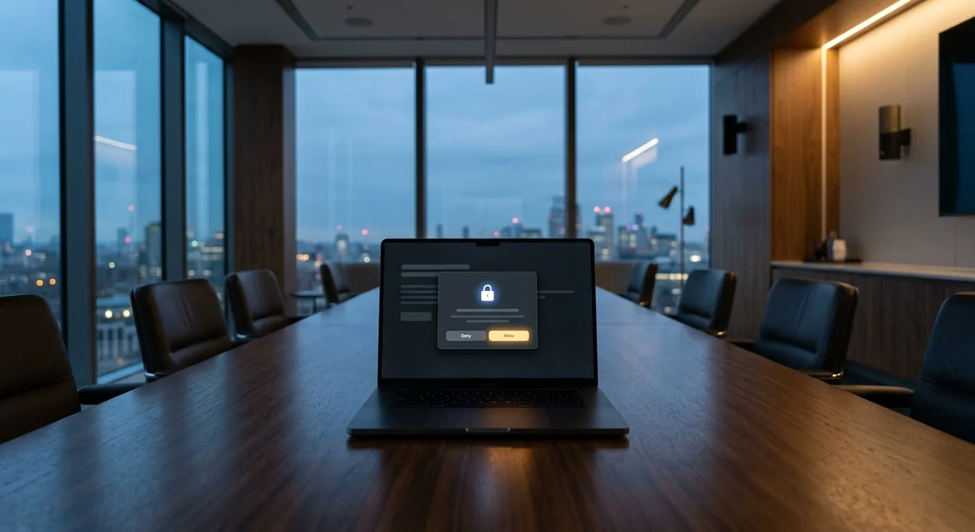 A calm, softly lit boardroom table with a single laptop showing a coding-agent permission dialog, conveying governance and control rather than alarm.