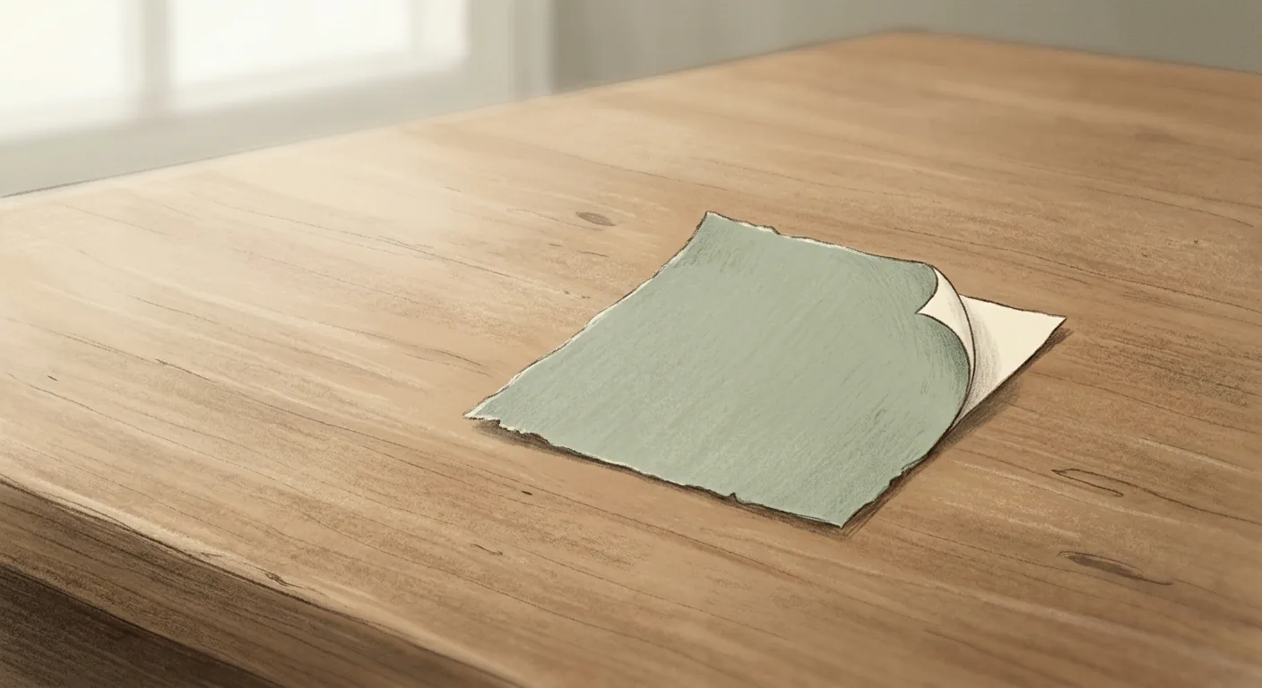 A single sticky note curling at the edge on an otherwise empty wooden desk in soft morning light, one small handwritten reminder standing alone.