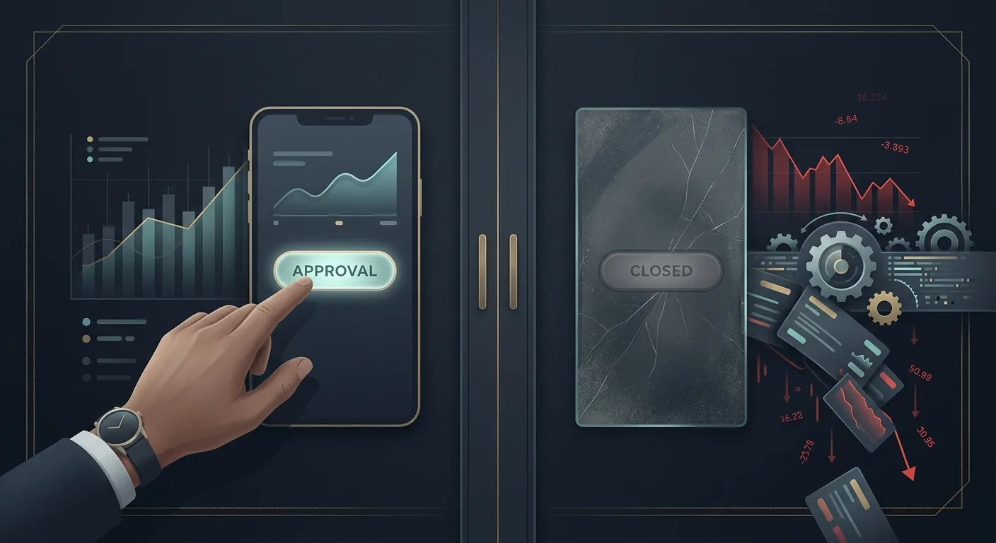 A split-panel illustration: on the left a calm approval button glowing on a trading screen, on the right the same portfolio being sold off automatically by the broker with the approval button greyed out and unreachable.