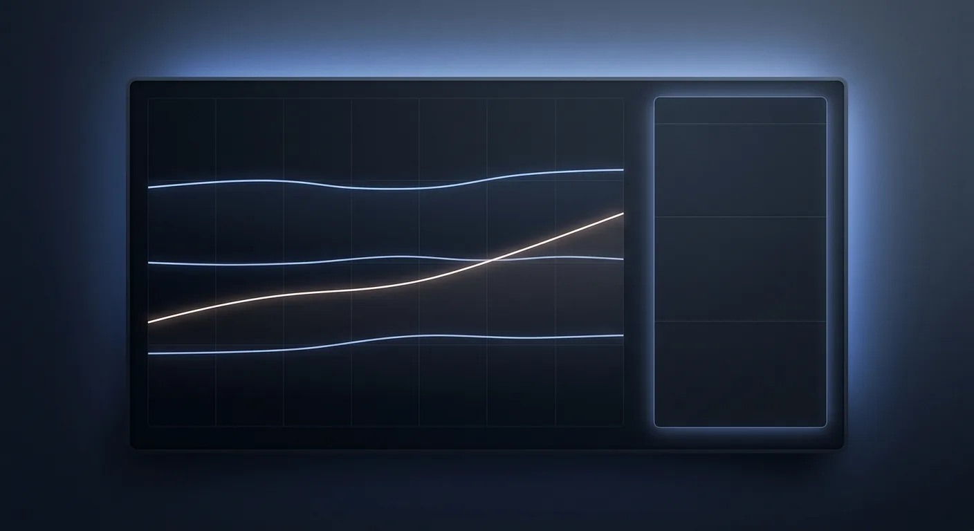 A calm operations dashboard showing three GPU rental price lines diverging, with a flat mainstream tier and a rising newest-generation tier, and a quiet 'no new releases' model feed beside it.