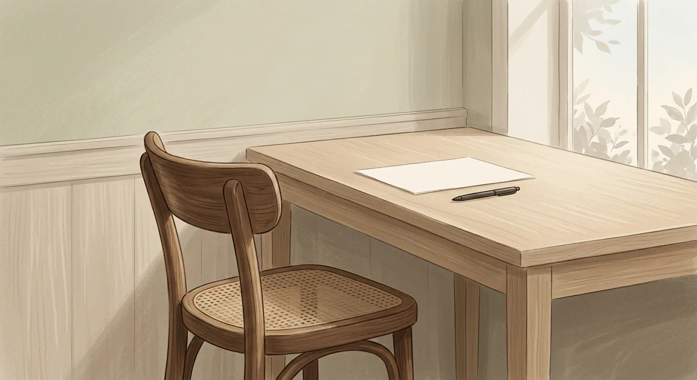 A single wooden desk chair turned slightly away from a plain desk in soft morning light, one sheet of paper resting on the surface, quiet and unoccupied.