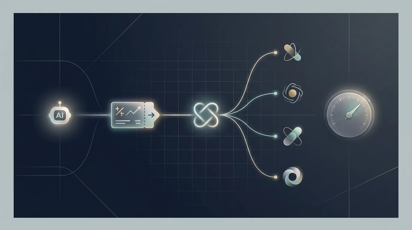A stylized order ticket flowing from a small AI agent icon into a routing hub that branches toward four wholesaler market-maker nodes, with a price-improvement dial sitting on the wholesaler side rather than the agent side.