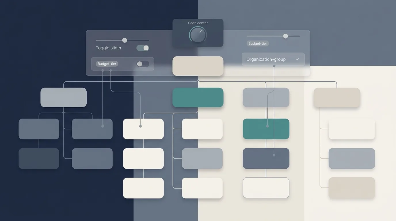 A simplified engineering org chart with a coding-agent control panel overlaid, showing cost-center budget tiers and organization groups connected by lines to team boxes.