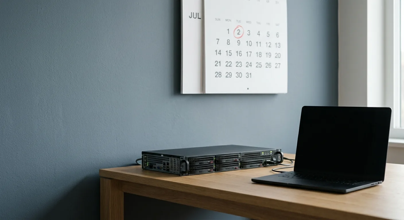 A wall calendar showing early July 2026 with the August 2 date circled, beside a single rack-mounted GPU server, representing the one-month countdown to EU AI Act enforcement and the on-premise self-hosting decision.
