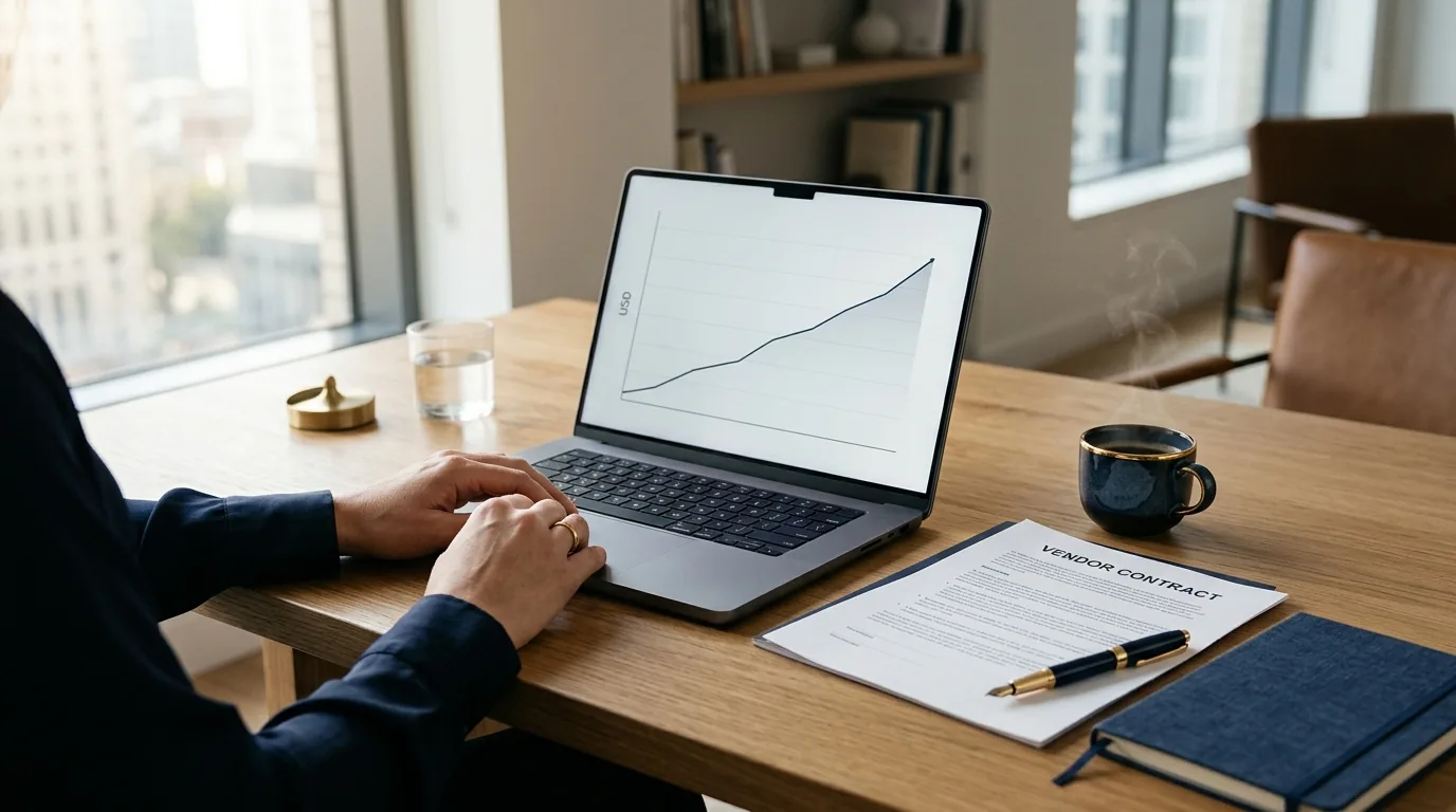 A founder at a desk reviewing an AI vendor contract next to a laptop showing a rising token-usage cost chart, with a calm morning light.