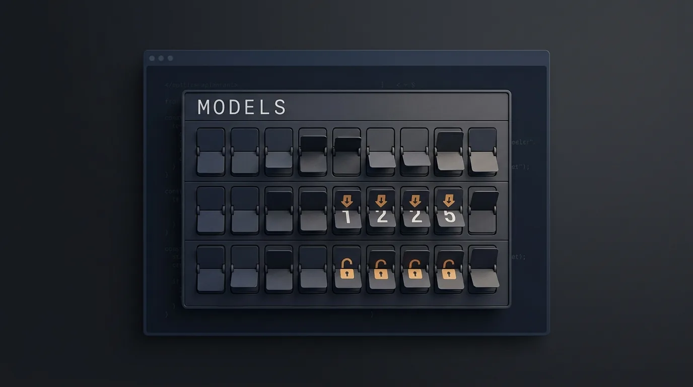 A split-flap departure board labeled Models mounted inside a coding-agent terminal window, three rows mid-flip showing a restored model, a cheaper model, and an open-weight model.