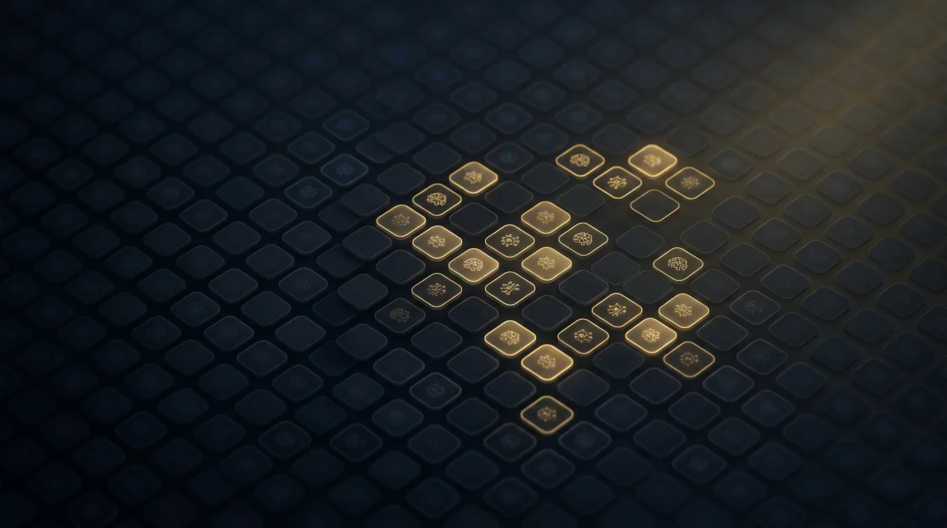 A calm dark operations screen showing a grid of many small AI agent tiles, a handful highlighted with named owners and the rest dimmed and unlabeled, illustrating an unaccounted-for agent fleet.