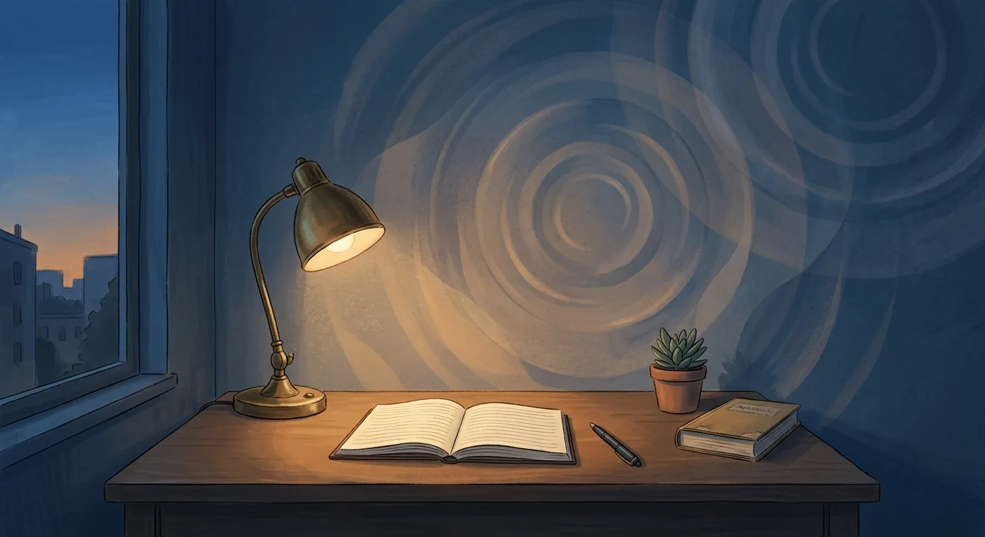 A calm dusk-toned illustration of a single desk lamp glowing over an open notebook, with soft translucent ripples spreading across the wall behind it, suggesting many small passing moods settling.