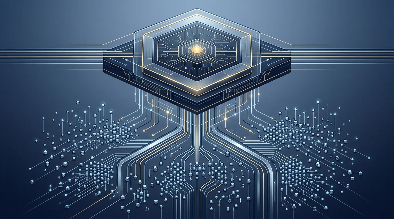 Abstract navy and steel editorial illustration of a central control plane layer overseeing many small autonomous agent nodes that converge into one accountable governance point, with subtle gold accents and no text.