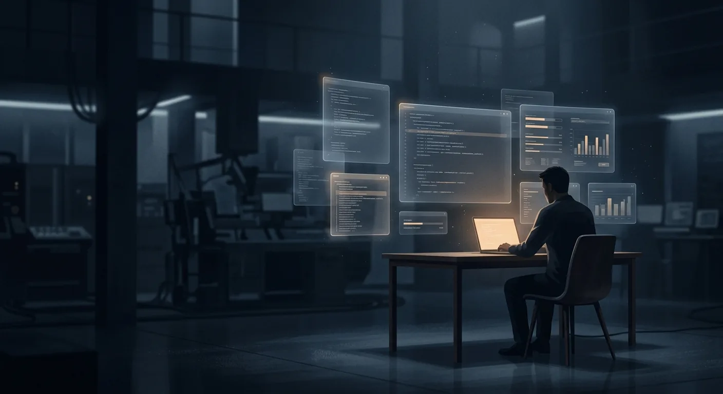 A calm, dimly lit operations room at night with one seated engineer and several softly glowing panels running unattended in the background, in a muted blue and slate palette.