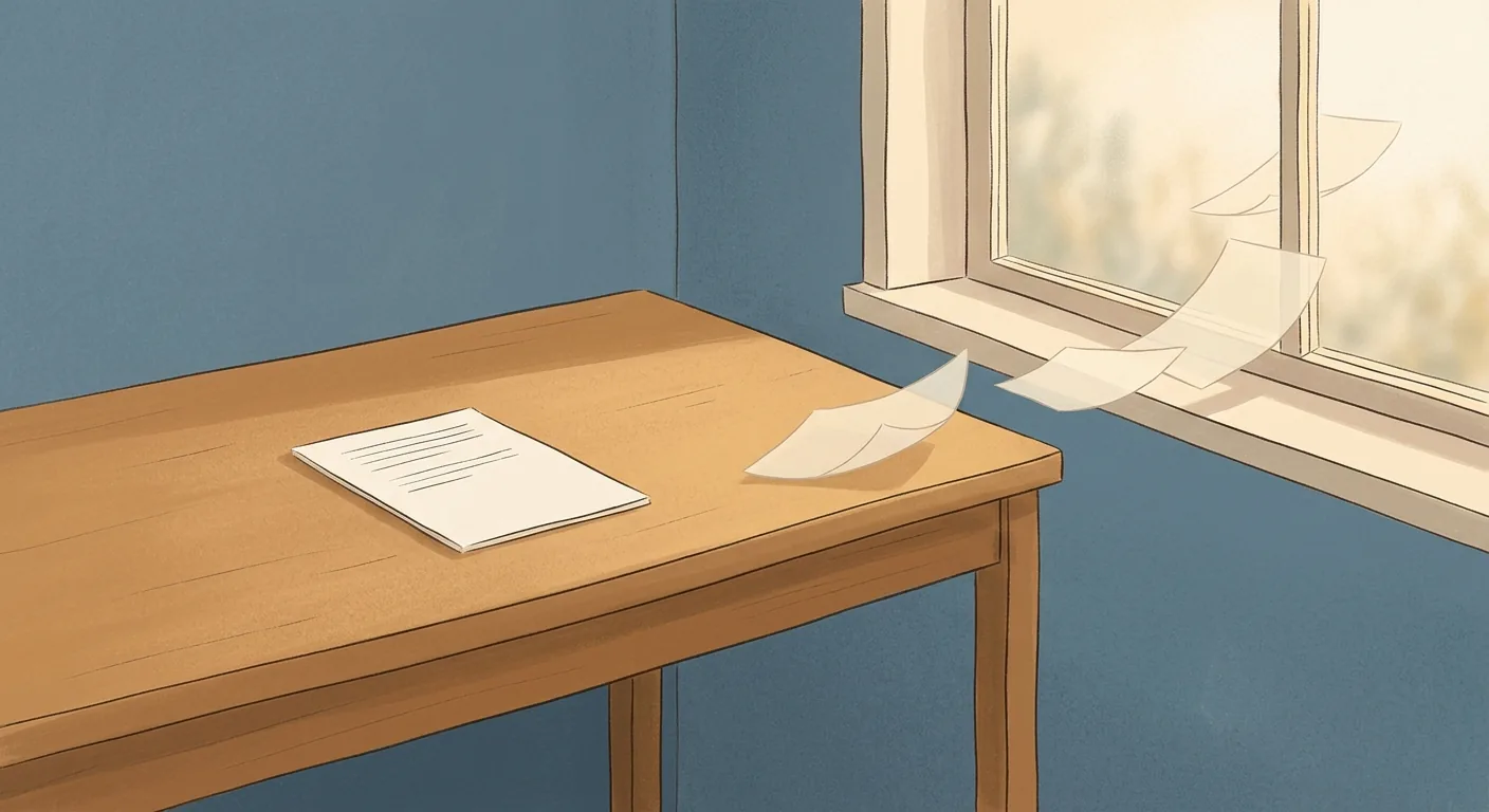 A tidy desk in soft late-afternoon light with one finished page set aside and pale paper shapes drifting toward a window, suggesting attention wandering after easy work.