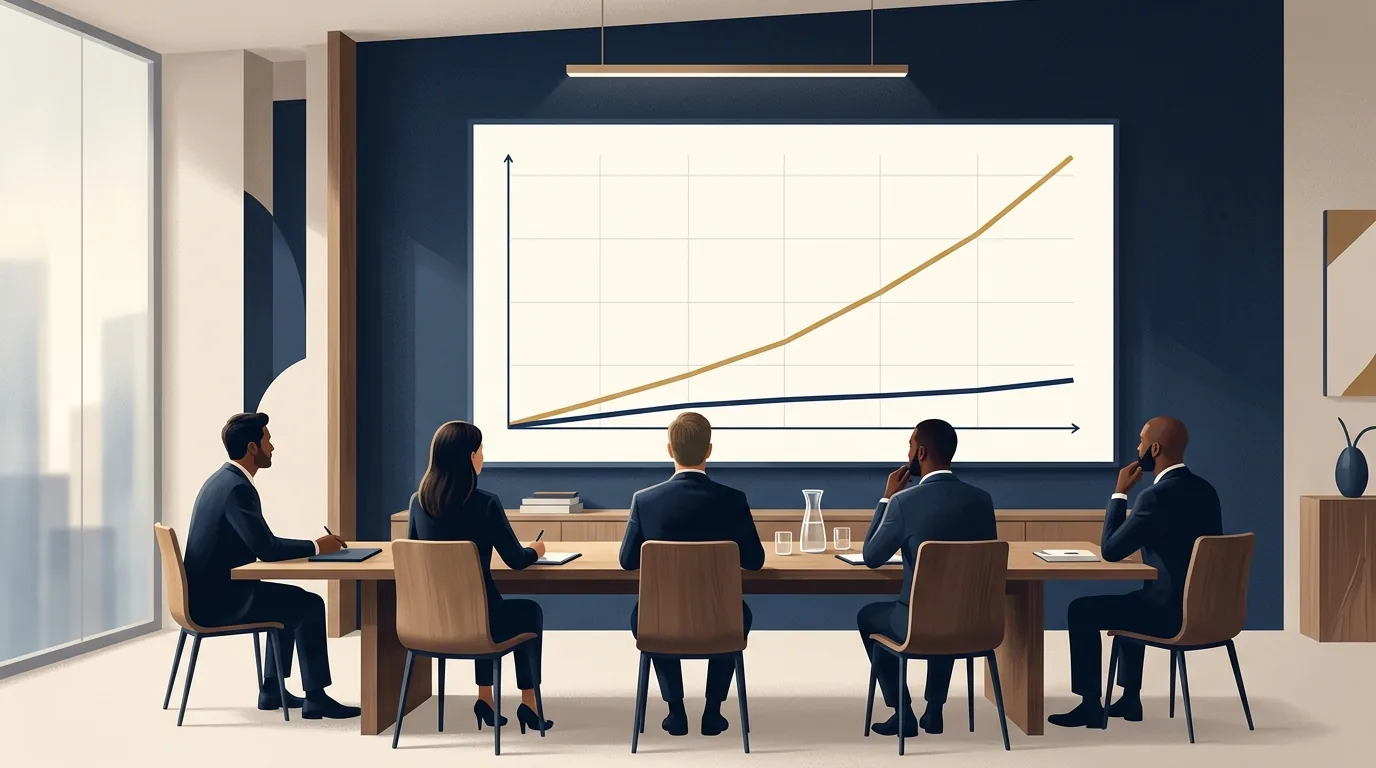A line chart on a boardroom screen showing a steeply rising AI spending line and a flat, barely moving productivity line, with executives seated around the table looking at the gap between them.