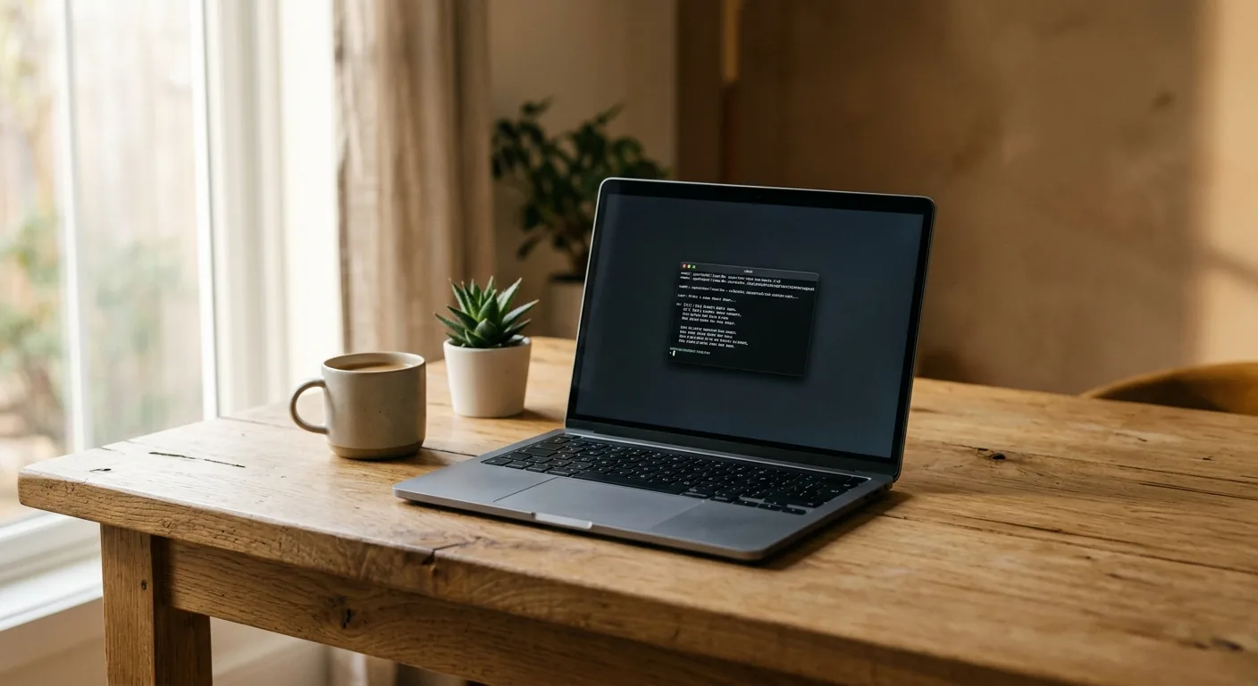 A thin consumer laptop on a plain desk with a small terminal window showing a local model responding, no external GPU or server attached, warm daylight.
