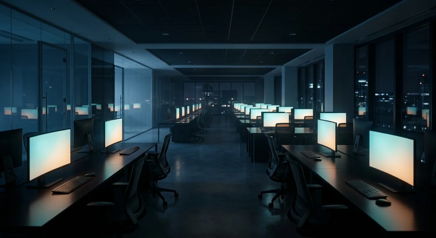 A dim corporate office at night with rows of empty desks, each monitor glowing faintly, suggesting AI activity running unattended and unseen after hours.