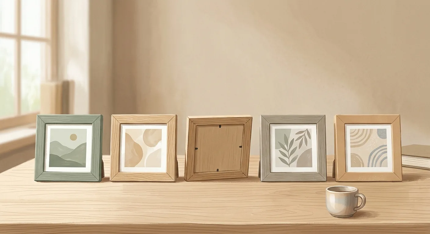 A calm desk in soft morning light with several small framed shapes standing side by side, one turned face-down, suggesting one part set aside while the others still stand.