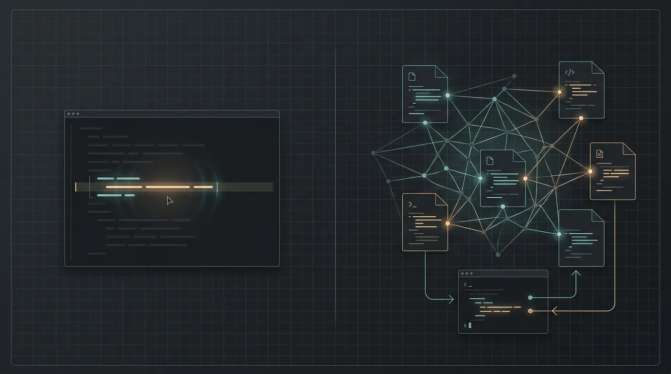 A split control-panel illustration contrasting a single editor autocomplete suggestion on the left with an autonomous coding agent editing several files and running a terminal on the right, over a calm dark interface backdrop.