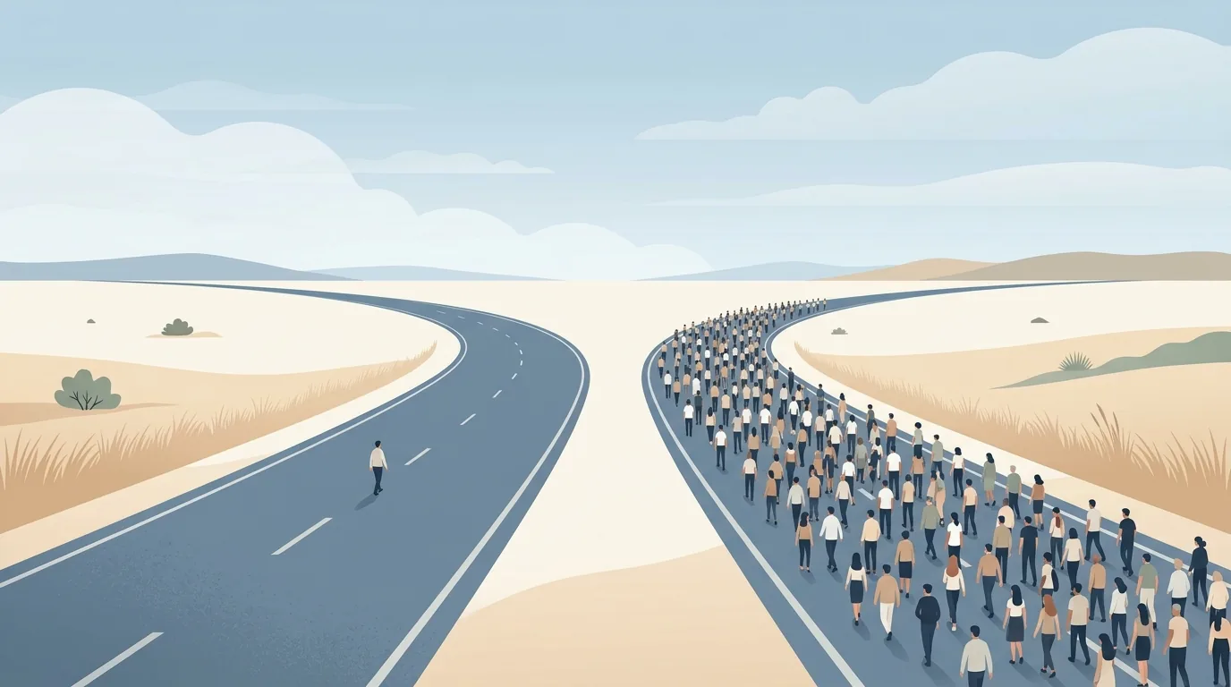A plain two-lane road sign fork on a calm horizon, one lane marked with a small single figure and the other marked with a dense crowd, representing a serving-engine choice made by concurrency rather than seniority.