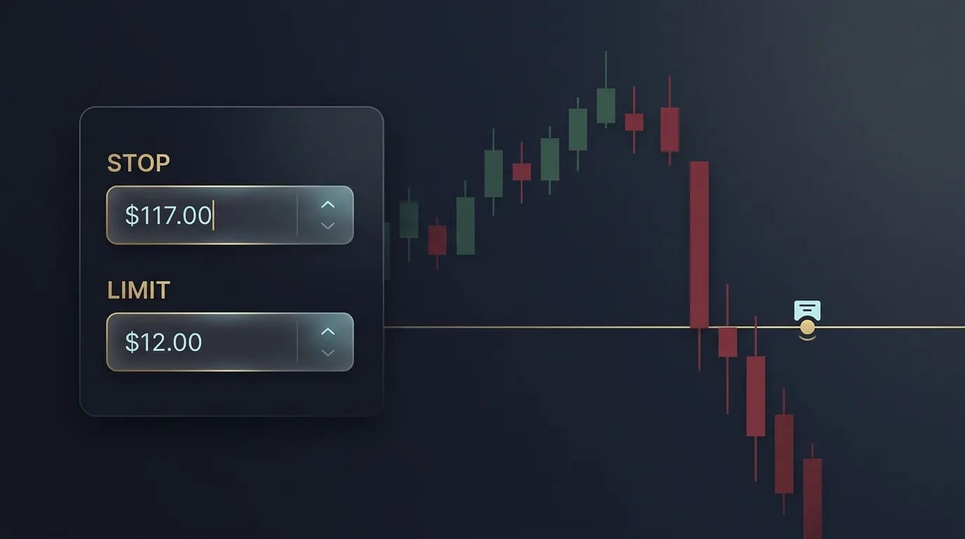 A brokerage order ticket showing a stop price and a separate limit price, with a candlestick chart gapping straight down past the limit level, leaving the sell order resting and unfilled.