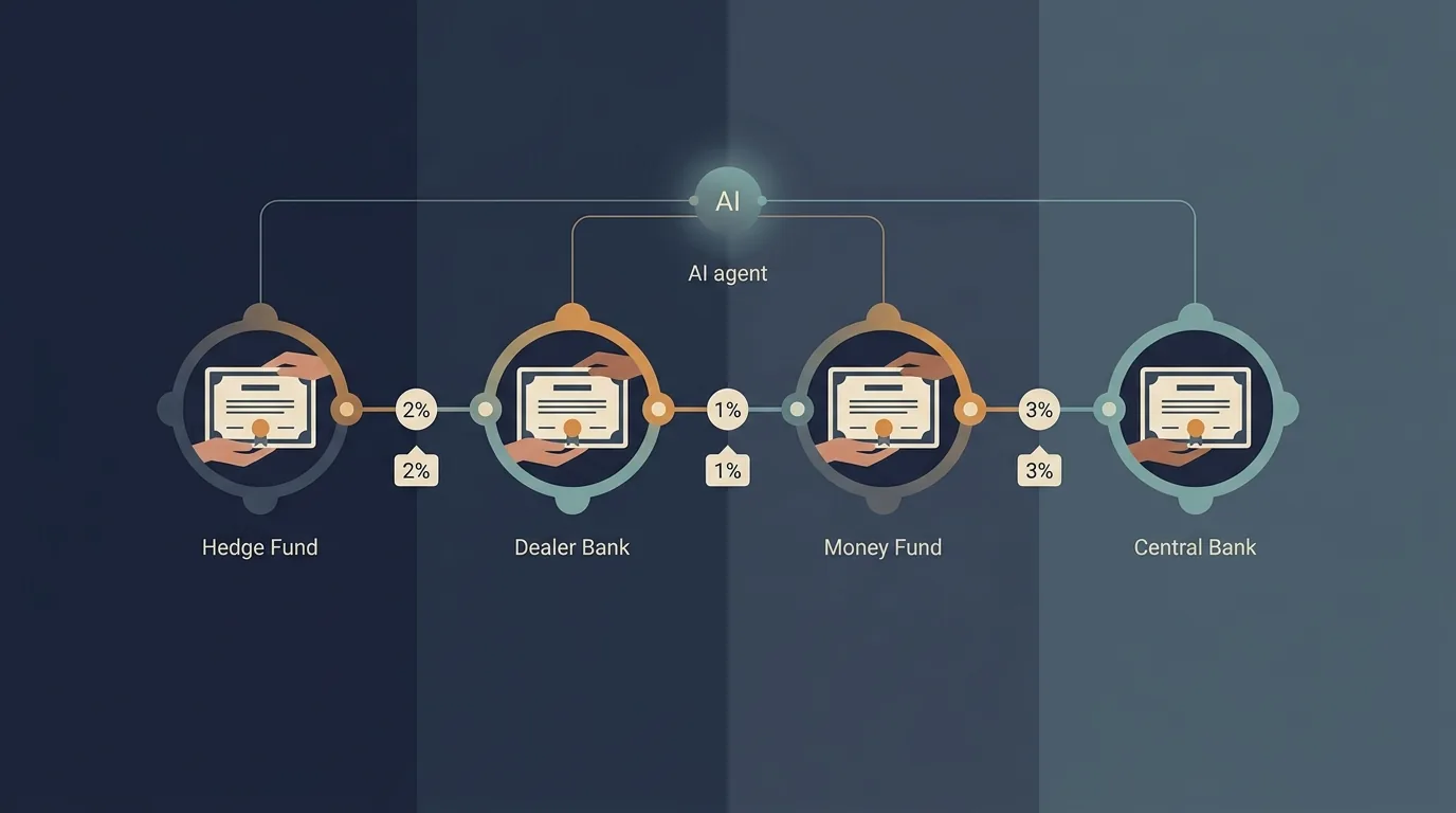 A diagram of a collateral chain: a single government bond passing hand to hand through a hedge fund, a dealer bank, a money fund and a central bank, each hop marked with a haircut percentage, with an AI agent node routing the bond to minimize funding cost.