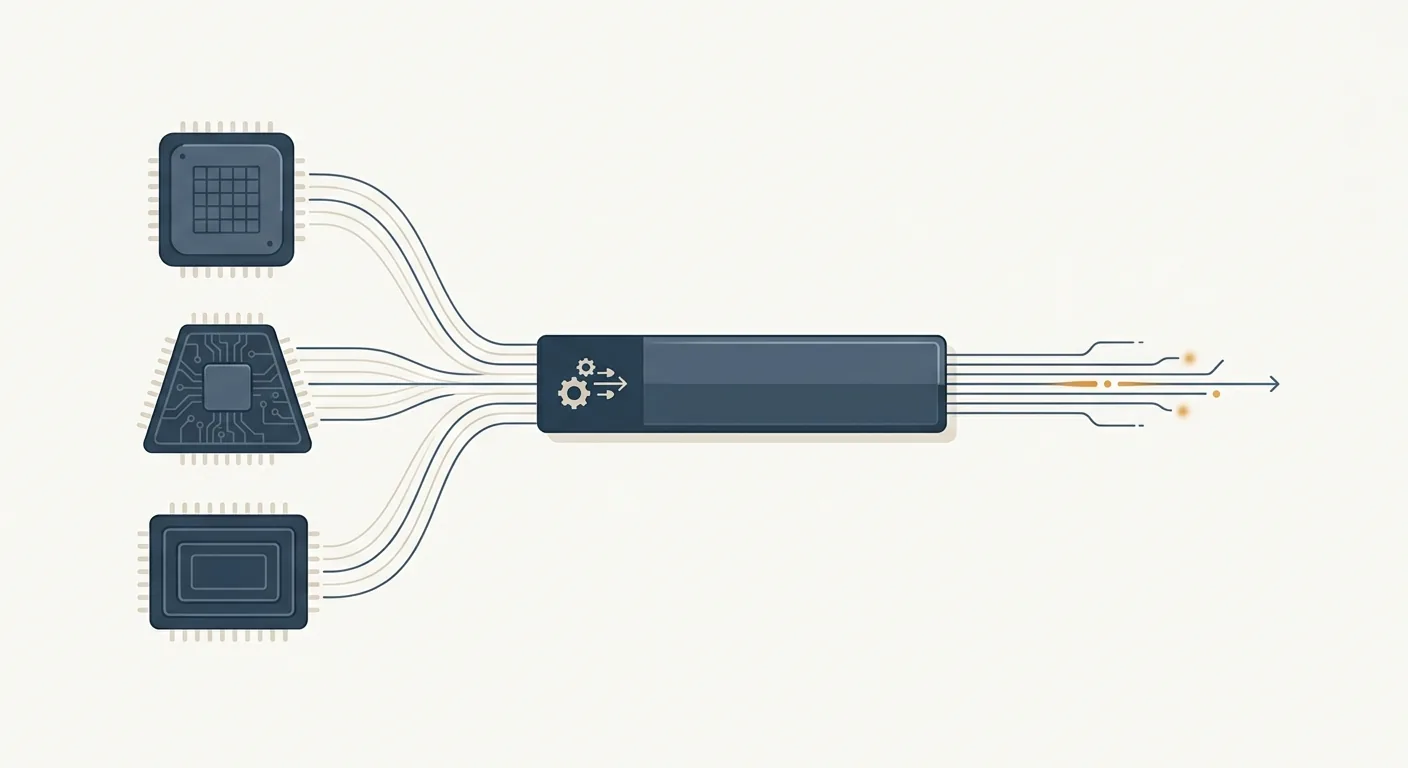 Three abstract inference accelerator cards on the left converging through a single serving-engine layer into one output stream, illustrating that one serving stack can target NVIDIA, AMD, and Ascend hardware, drawn in a calm muted editorial style.