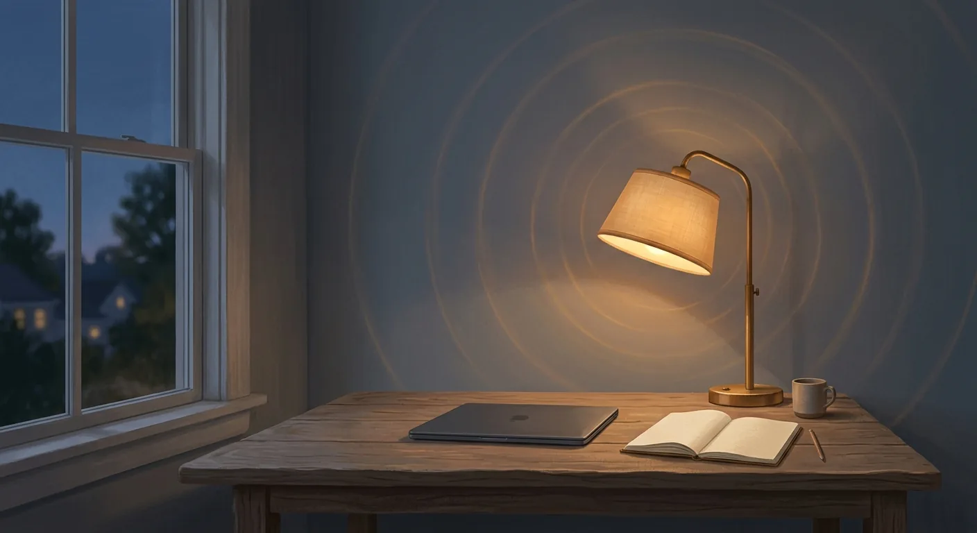 A single desk lamp lit at dusk over an empty notebook and a closed laptop, with faint concentric rings drawn in the light on the wall behind, suggesting a thought circling back on itself.