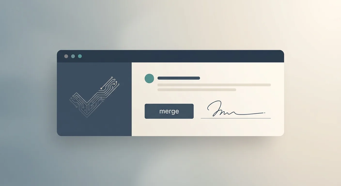 A pull request review screen showing an AI-generated approval next to an empty signature line beside the merge button, suggesting no named human owner for the change.