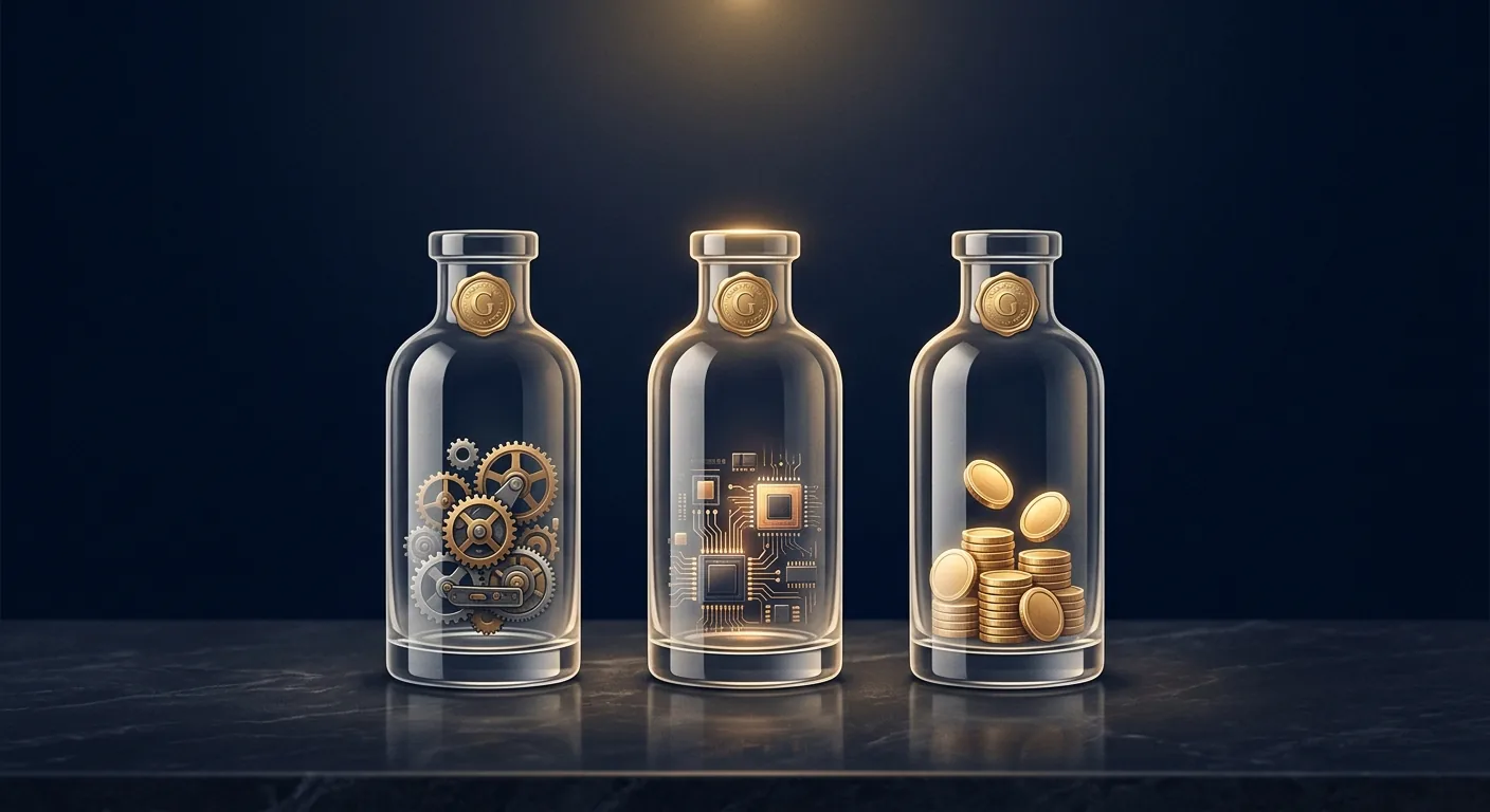Three identical containers labeled AI sitting on a dark premium surface, each transparent lid revealing a different set of holdings inside, a visual metaphor for funds sharing the AI label while holding different baskets.