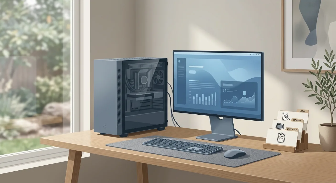 A calm engineering-team desk with a single GPU workstation and three sticky notes reading license, VRAM, and task, representing the three axes for choosing an open-weight model.
