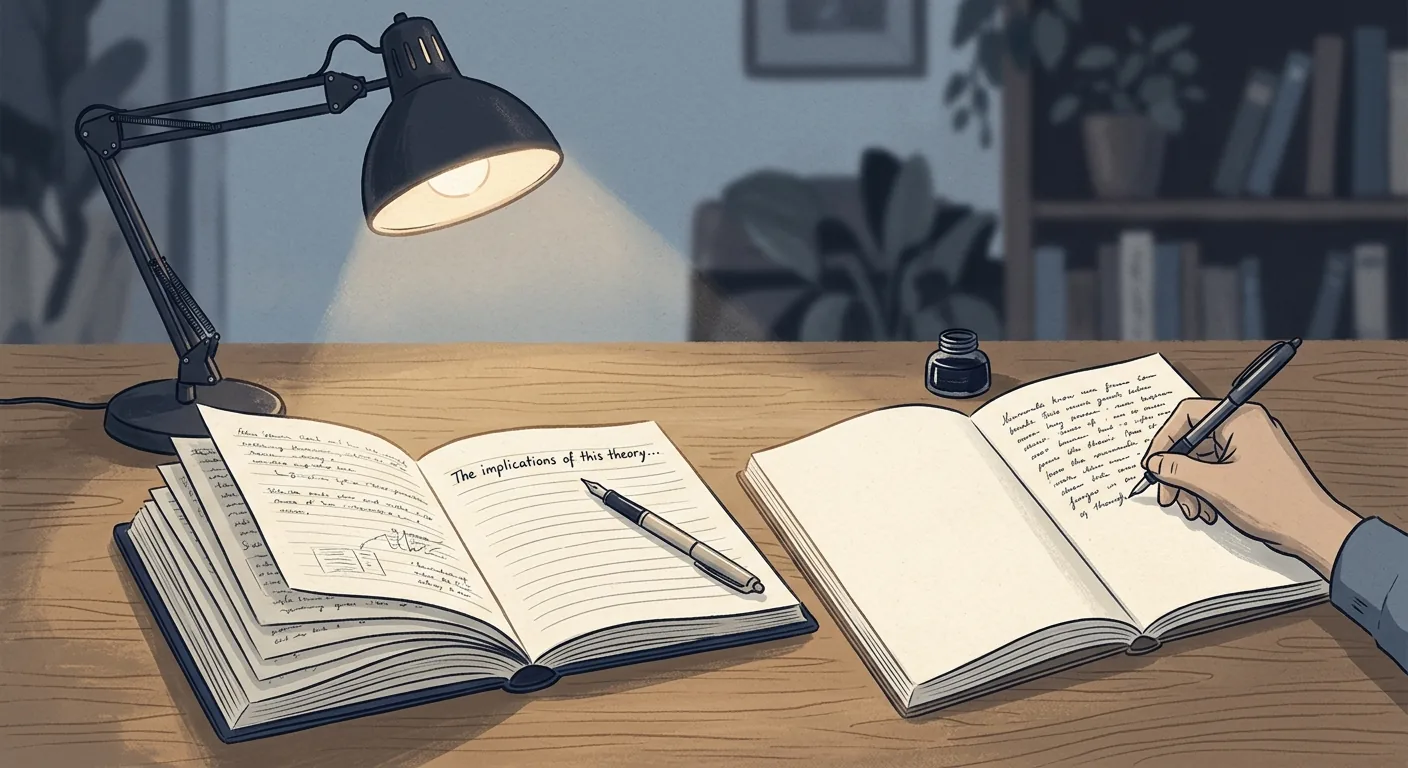 A single desk lamp lighting two open notebooks at once, one page mid-sentence and the other covered in fresh notes, suggesting attention split between two tasks.