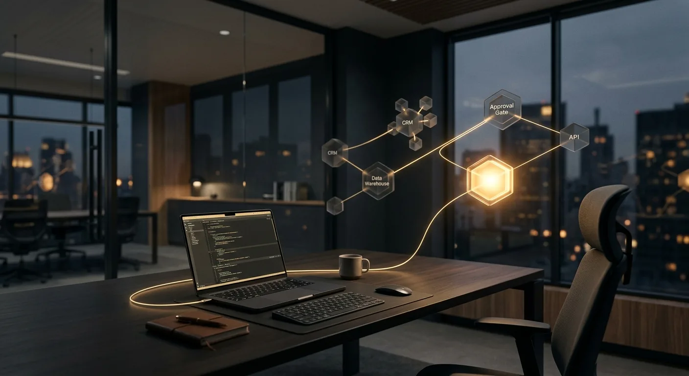 A single engineer's workstation set up inside a client office, laptop connected to enterprise systems, representing a forward-deployed engineer building an AI agent in production.