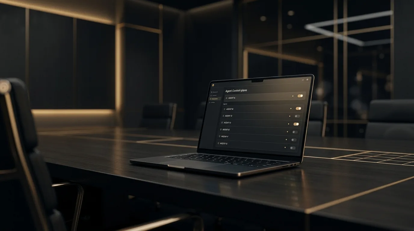 A calm boardroom table with a single laptop showing an agent control-plane dashboard, gold accents on dark, representing an AI governance solution as an operating layer rather than a document.