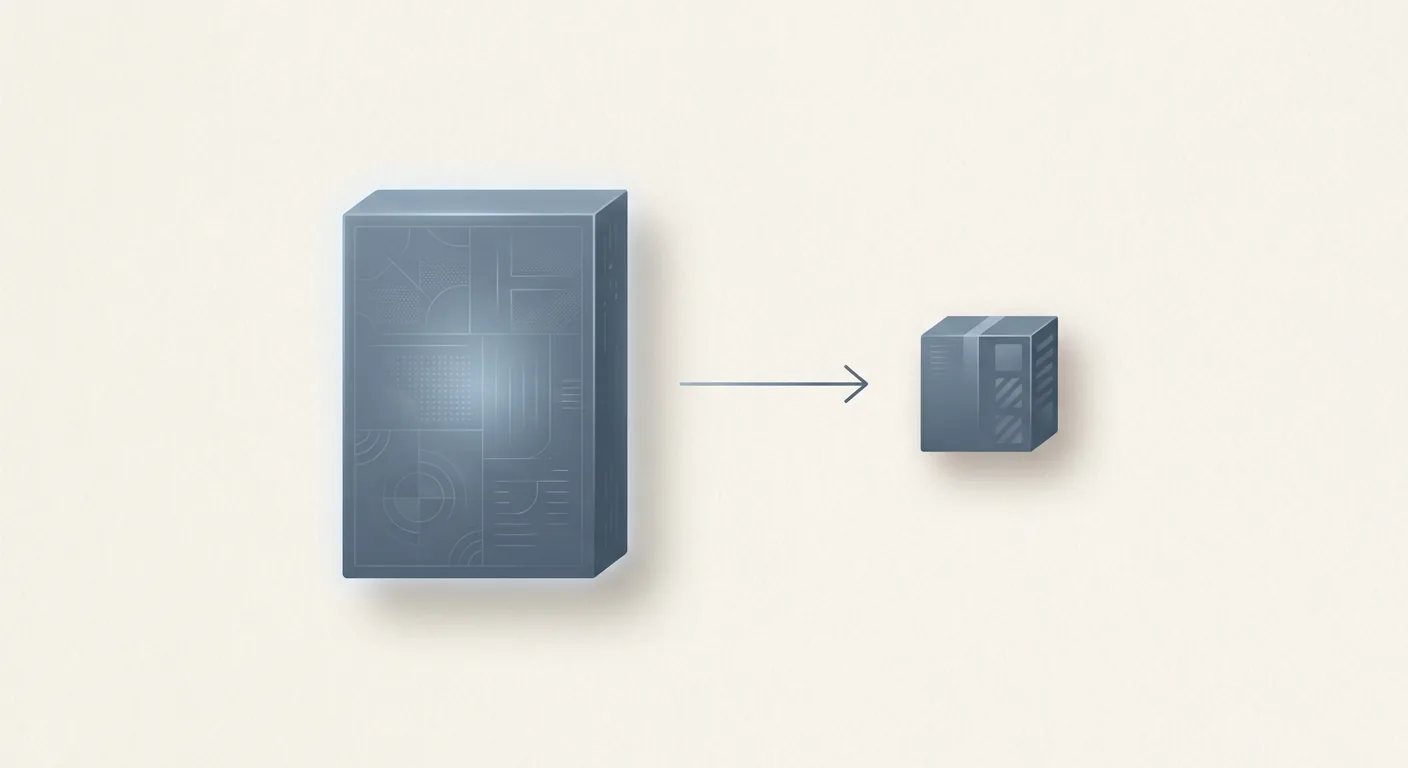 A calm split illustration contrasting a large full-precision safetensors model file with a smaller compressed GGUF file, with an arrow showing conversion between them.
