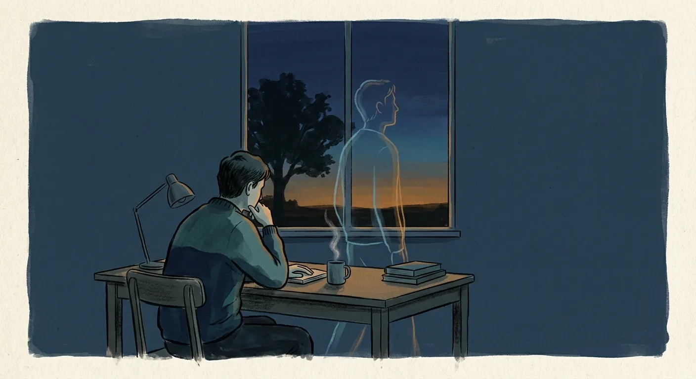 A person at a dusk-lit desk with a faint second outline of themselves standing just ahead, in calm blue and amber tones, suggesting the distance between who someone is and who they feel they should be.