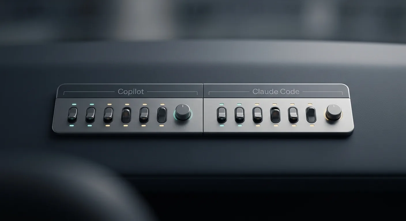 A split control panel with two labeled toggle banks, one marked Copilot and one marked Claude Code, both showing the same set of governance switches, on a calm dark dashboard.