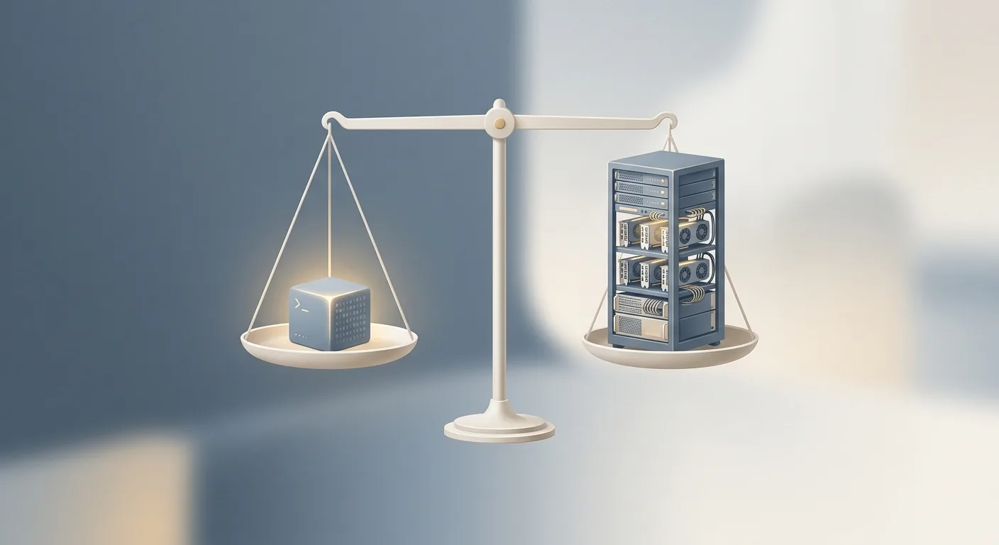 A split scale weighing a single portable binary against a multi-GPU rack, illustrating the llama.cpp versus vLLM serving-engine tradeoff.