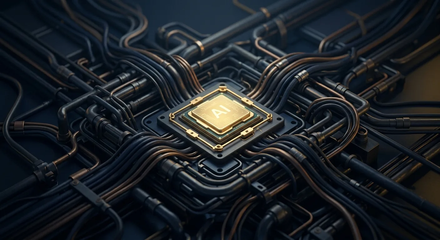 A single glowing AI model chip sitting loose and removable inside a dense web of fixed data pipes, workflow connectors, and integration cables, illustrating that the model is the easy part to swap while the surrounding stack is what holds a company in place.