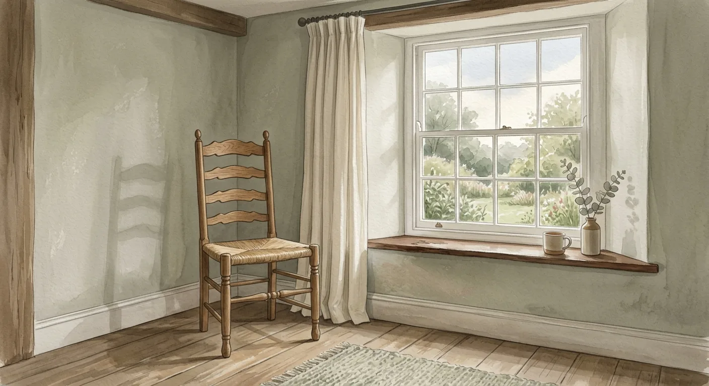 A single empty chair beside a window in soft morning light, an open uncluttered room, calm muted palette suggesting chosen quiet rather than isolation.