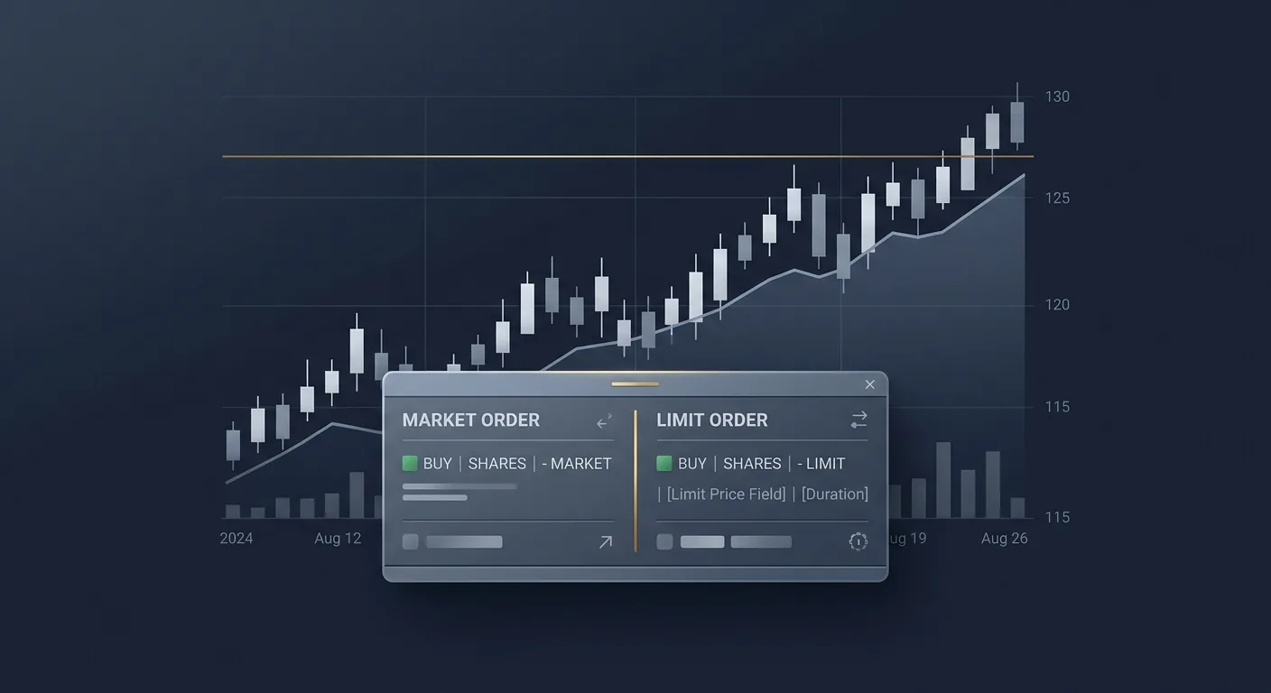 A brokerage order ticket showing a market order and a limit order side by side, with a price ceiling drawn above a rising ask price on a candlestick chart.