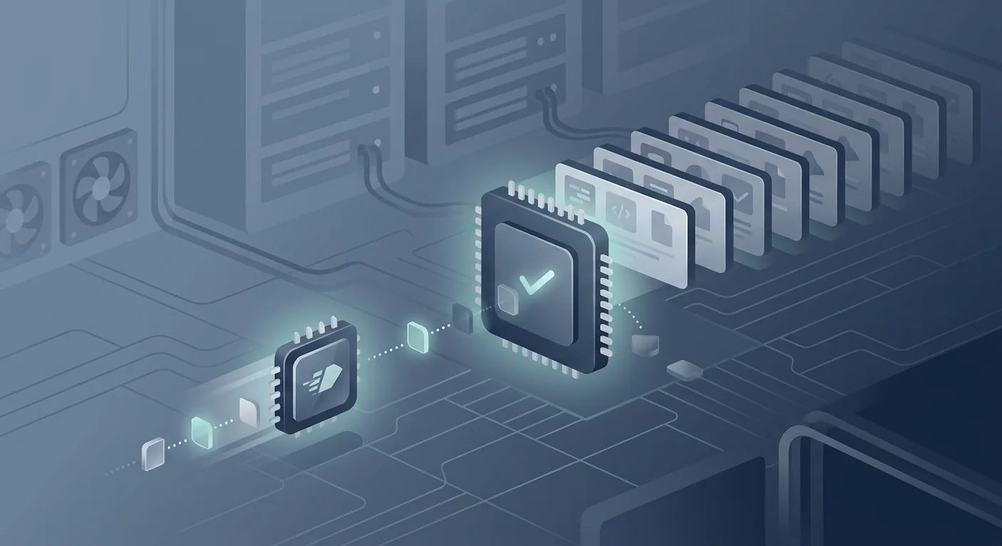 A conceptual illustration of speculative decoding on a GPU server: a small fast draft chip sprinting a few tokens ahead of a larger verifier chip that checks its work, with a queue of pending requests stacking up behind them, in a calm slate-blue and navy palette.