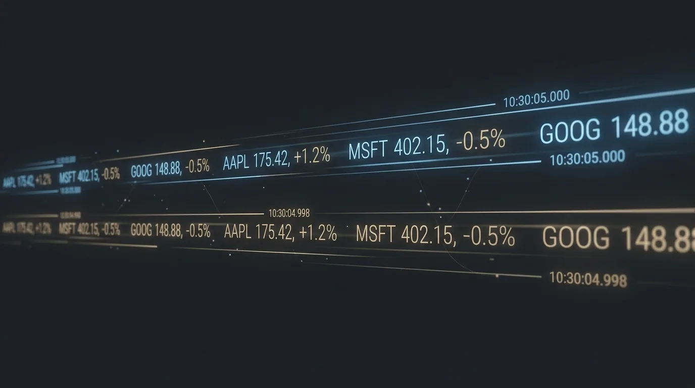 Two stock-price tickers side by side showing the same share at slightly different prices and timestamps, the left labeled as a fast direct exchange feed and the right as the slower public consolidated tape, on a dark trading interface.