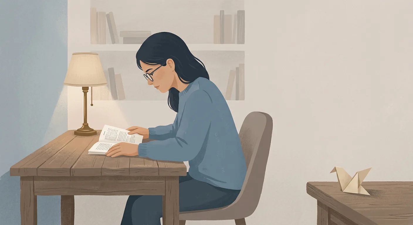 A person reading a printed page intently under a warm desk lamp, fully absorbed, while a small folded paper object rests unnoticed at the edge of the same desk, in a calm muted palette.