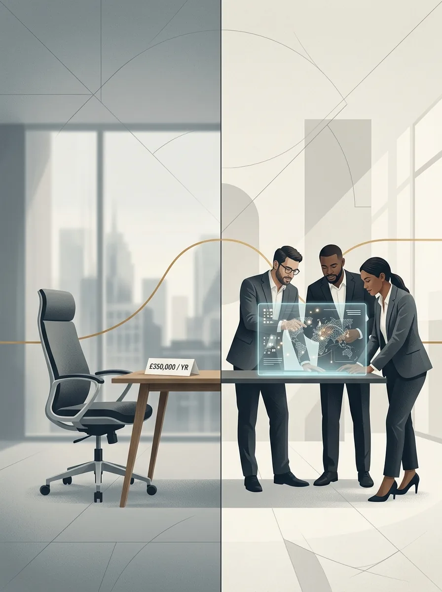 A split scene: on one side an empty job-req desk with a six-figure salary sticky note, on the other a small existing team working together at a shared screen, illustrating the hire-versus-build AI talent decision.