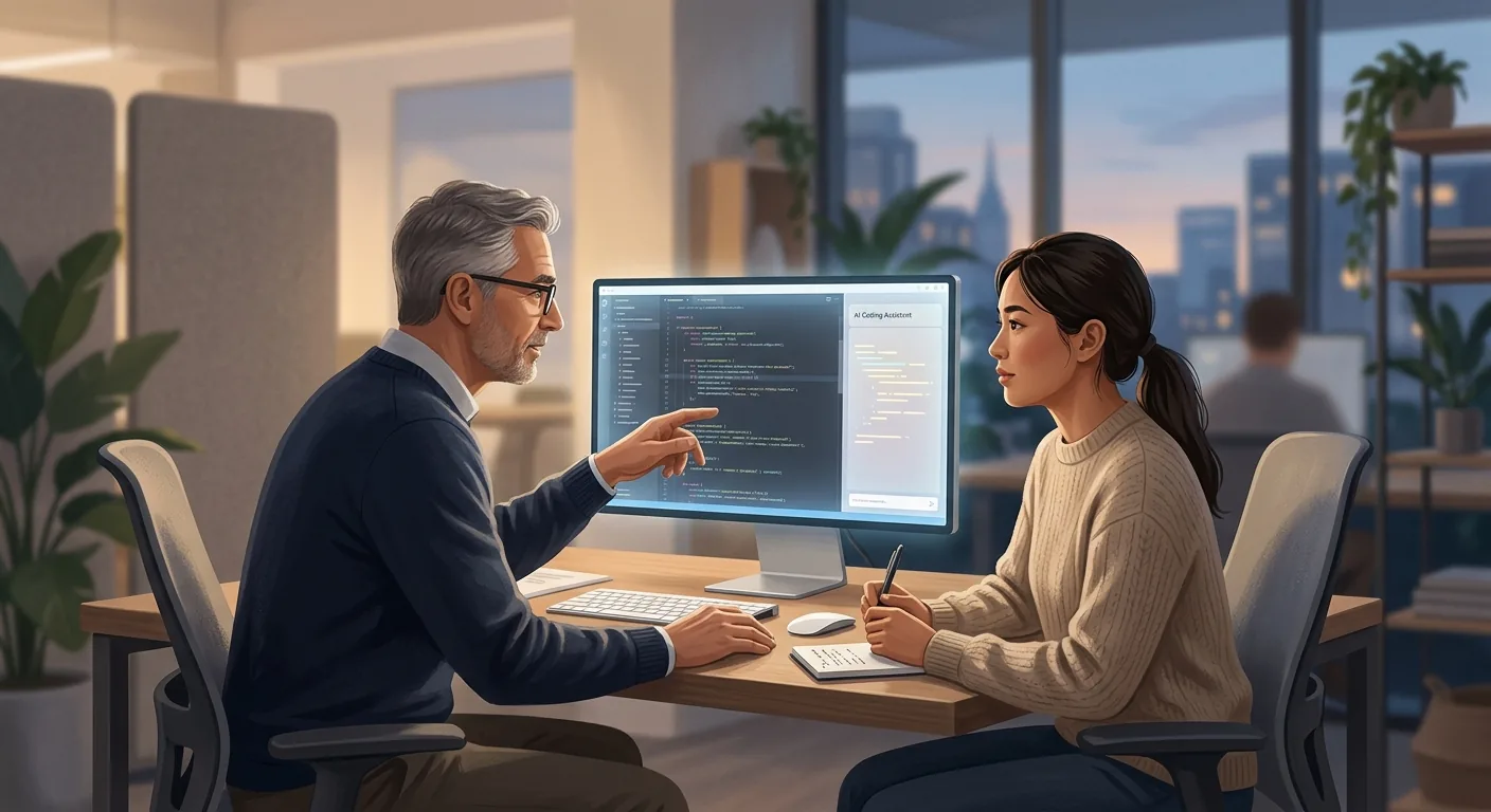 A senior engineer and a junior engineer sitting side by side at one monitor, reviewing code together with an AI coding agent panel open beside the editor, in a calm modern office.